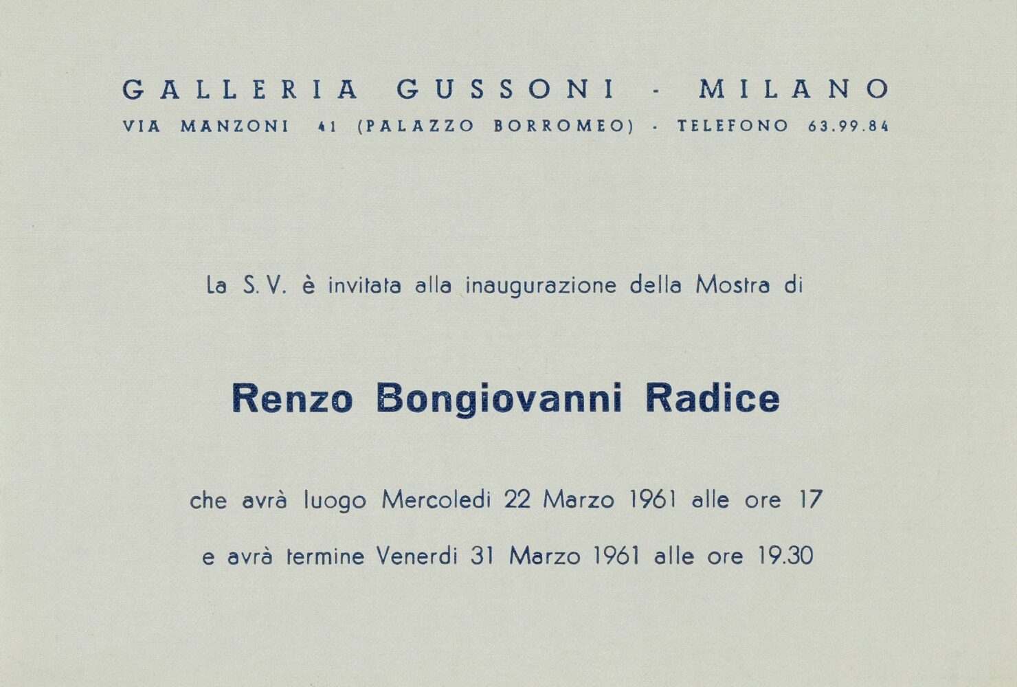 Renzo Bongiovanni Radice, invito, Galleria Gussoni, Milano, 1961